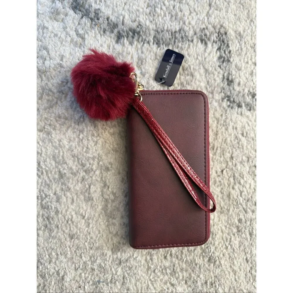 NWT Kendall & James Burgundy Zip Top Wallet with Poof Ball Keychain